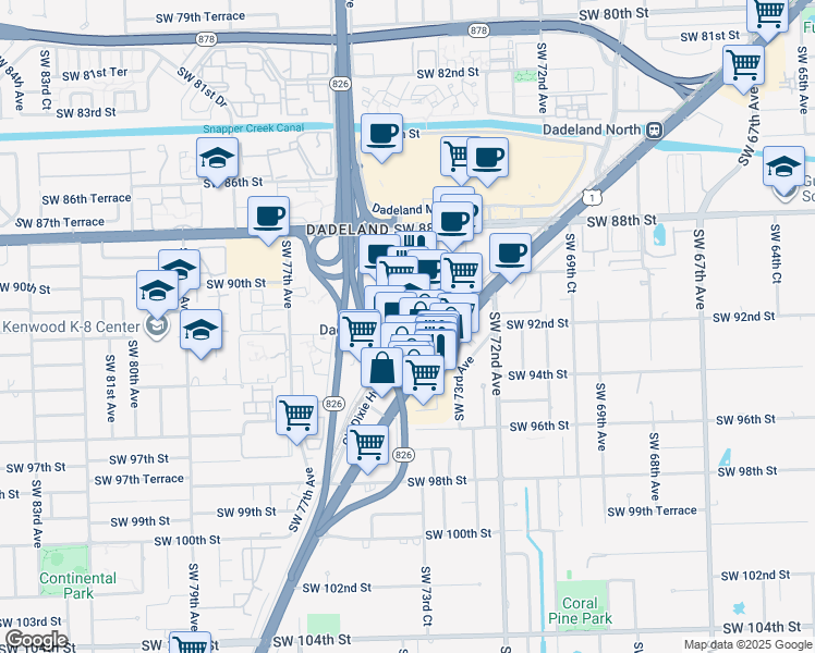 map of restaurants, bars, coffee shops, grocery stores, and more near 9150 South Dadeland Boulevard in Miami