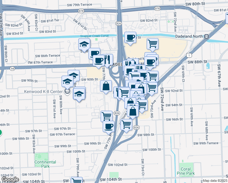 map of restaurants, bars, coffee shops, grocery stores, and more near 9305 Southwest 77th Avenue in Kendall