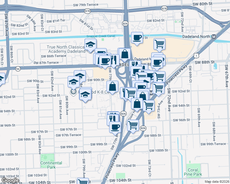 map of restaurants, bars, coffee shops, grocery stores, and more near 9315 Southwest 77th Avenue in Kendall