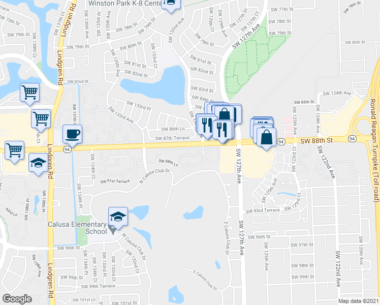 map of restaurants, bars, coffee shops, grocery stores, and more near 13023 Southwest 88th Lane in Miami