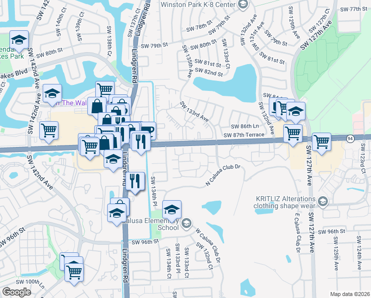 map of restaurants, bars, coffee shops, grocery stores, and more near 13371 Southwest 89th Terrace in Miami