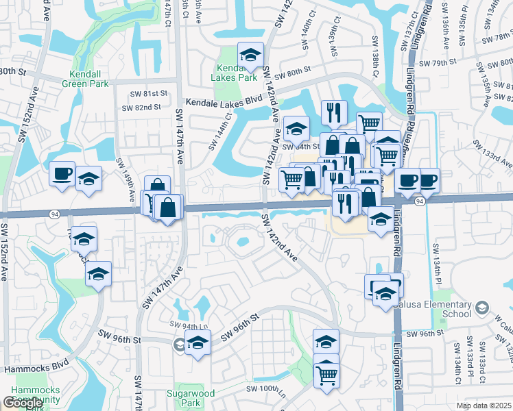 map of restaurants, bars, coffee shops, grocery stores, and more near in Kendale Lakes