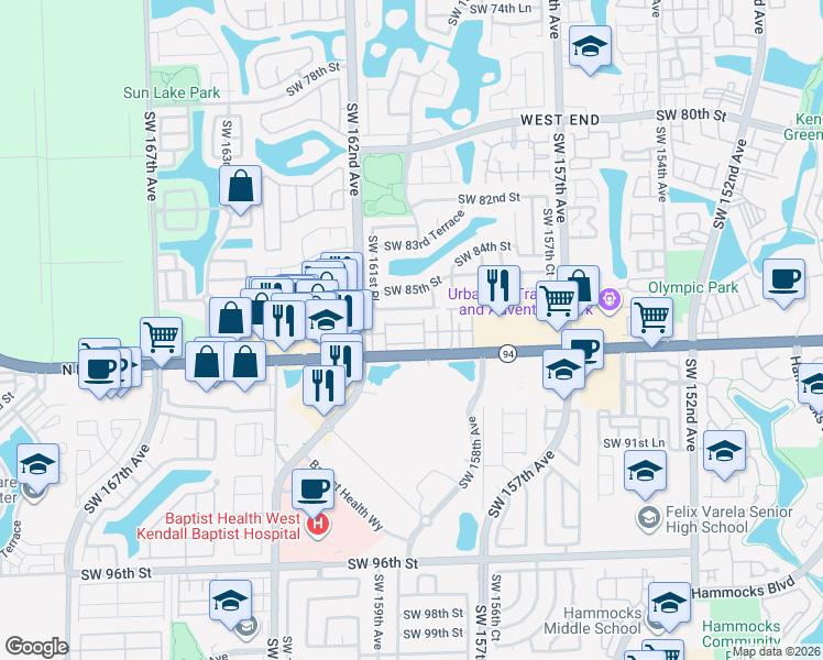 map of restaurants, bars, coffee shops, grocery stores, and more near 16044 Southwest 87th Terrace in Miami