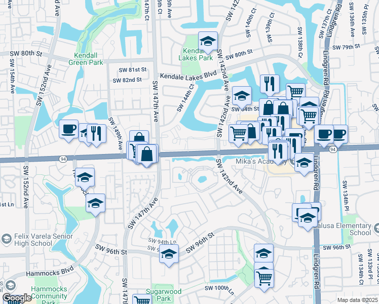 map of restaurants, bars, coffee shops, grocery stores, and more near 14221 Southwest 88th Street in Miami