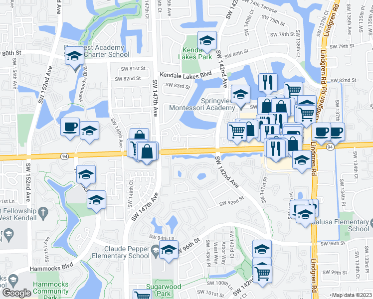 map of restaurants, bars, coffee shops, grocery stores, and more near 14311 Southwest 88th Street in Miami