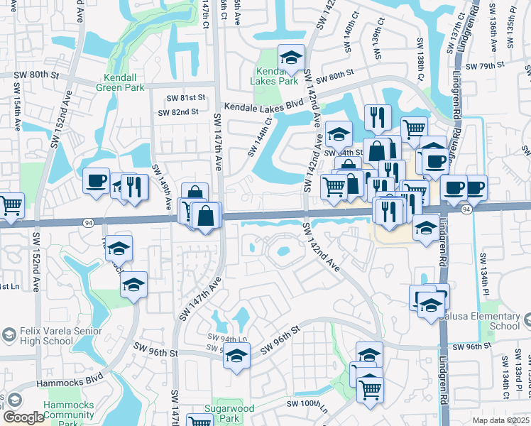 map of restaurants, bars, coffee shops, grocery stores, and more near 8920 Southwest 142nd Avenue in Miami