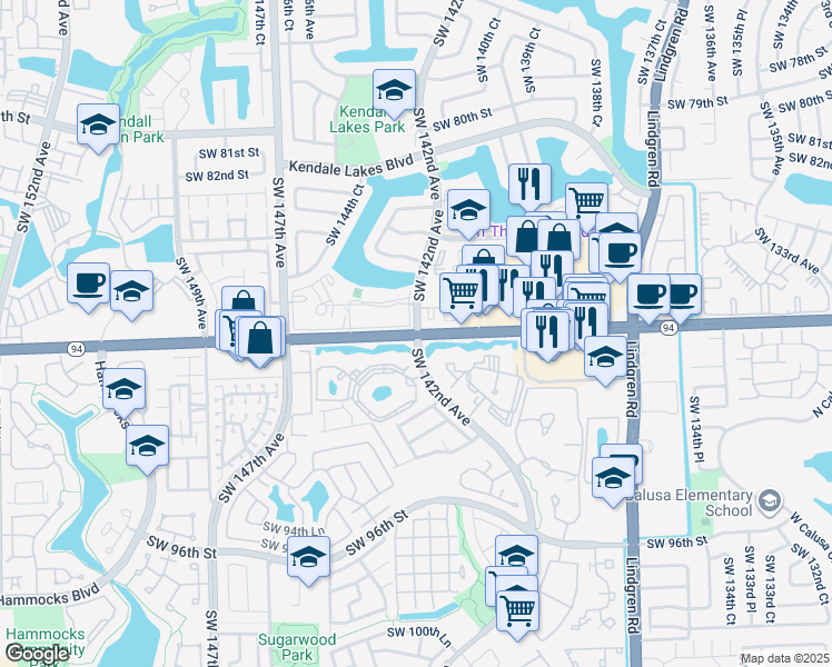 map of restaurants, bars, coffee shops, grocery stores, and more near in Kendale Lakes