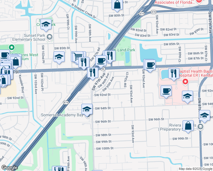 map of restaurants, bars, coffee shops, grocery stores, and more near 9503 Southwest 91st Street in Miami