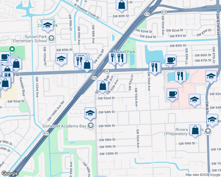 map of restaurants, bars, coffee shops, grocery stores, and more near 9503 Southwest 91st Street in Miami