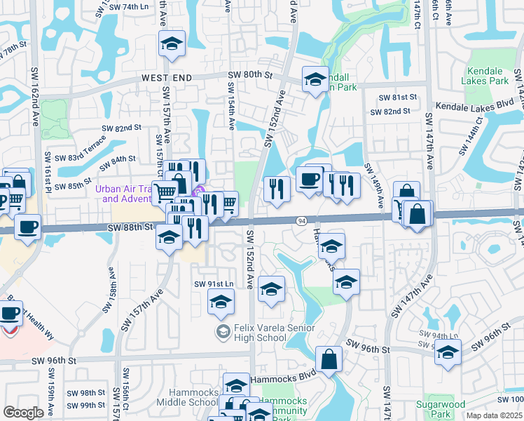 map of restaurants, bars, coffee shops, grocery stores, and more near 507 Southwest 88th Street in Miami