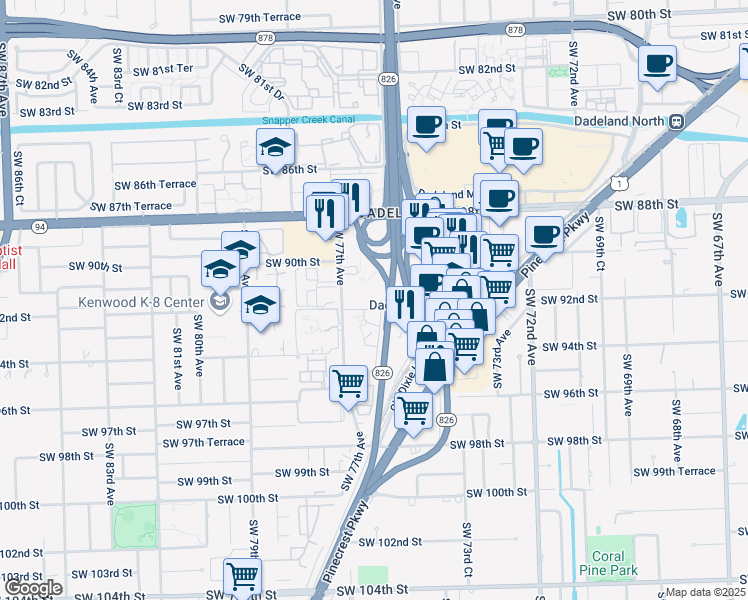 map of restaurants, bars, coffee shops, grocery stores, and more near 9159 Southwest 77th Avenue in Miami
