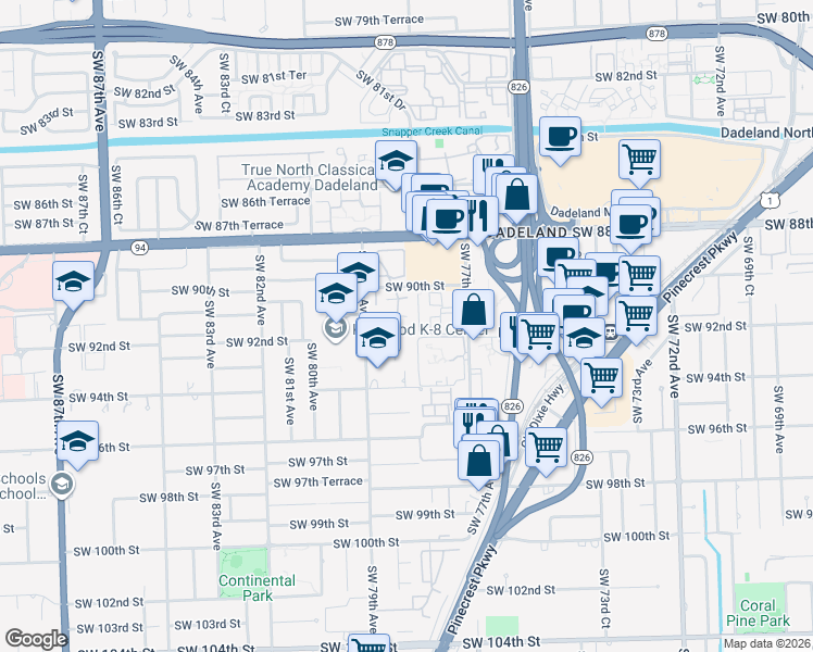 map of restaurants, bars, coffee shops, grocery stores, and more near 9265 Southwest 78th Court in Miami