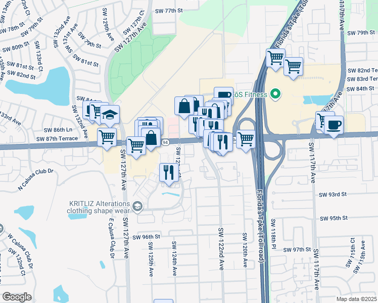 map of restaurants, bars, coffee shops, grocery stores, and more near 8911 Southwest 123rd Court in Miami