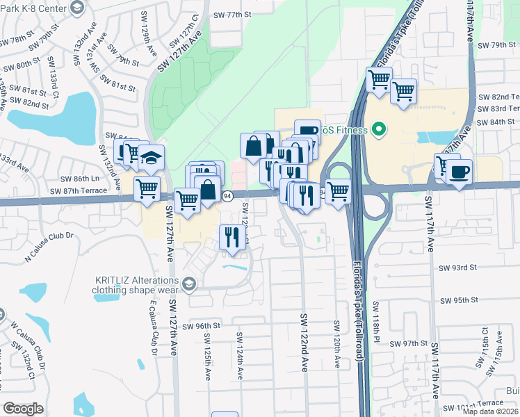 map of restaurants, bars, coffee shops, grocery stores, and more near 8911 Southwest 123rd Court in Miami