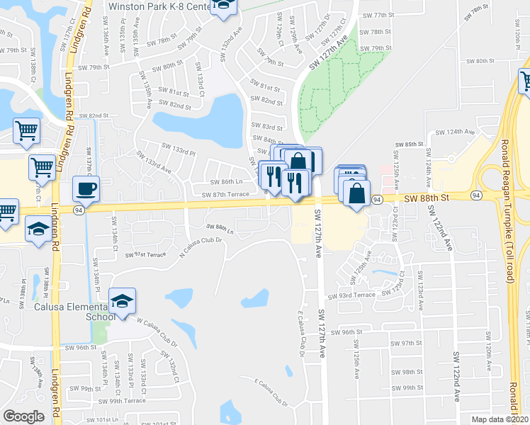 map of restaurants, bars, coffee shops, grocery stores, and more near 13023 Southwest 88th Lane in Miami