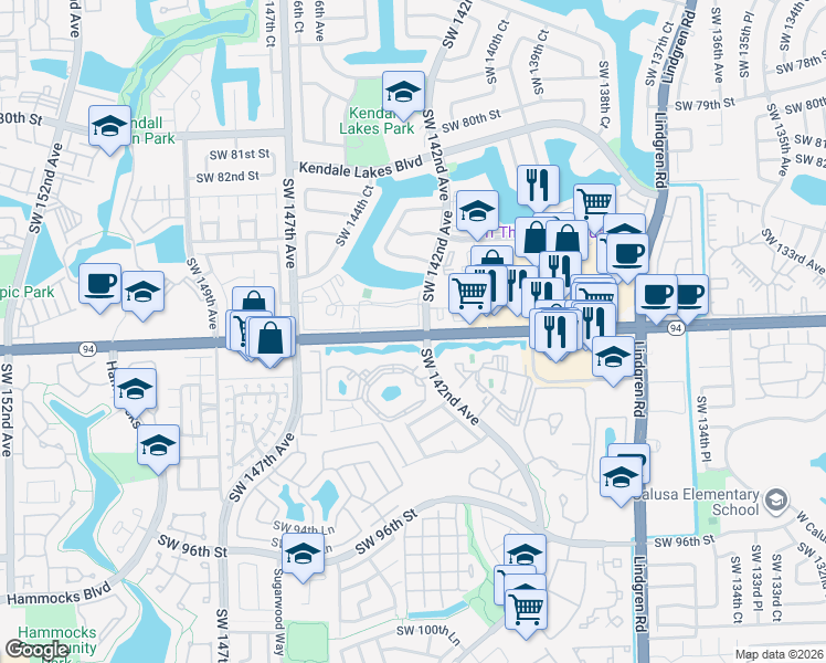 map of restaurants, bars, coffee shops, grocery stores, and more near in Kendale Lakes
