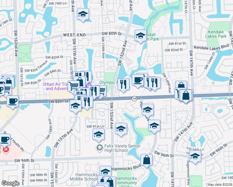 map of restaurants, bars, coffee shops, grocery stores, and more near 507 Southwest 88th Street in Miami
