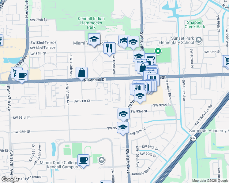 map of restaurants, bars, coffee shops, grocery stores, and more near 9021 Southwest 108th Court in Miami