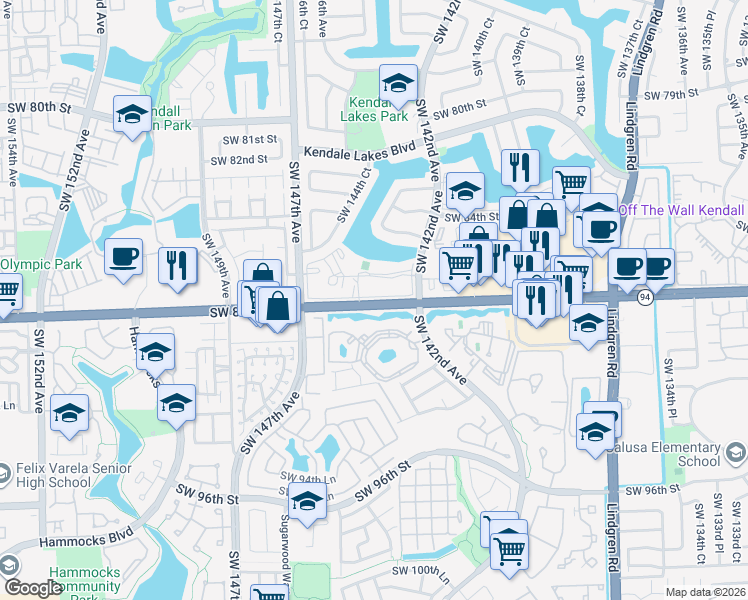 map of restaurants, bars, coffee shops, grocery stores, and more near 8920 Southwest 142nd Avenue in Miami