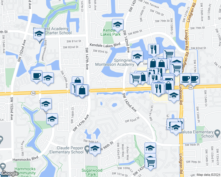 map of restaurants, bars, coffee shops, grocery stores, and more near 14301 North Kendall Drive in Miami