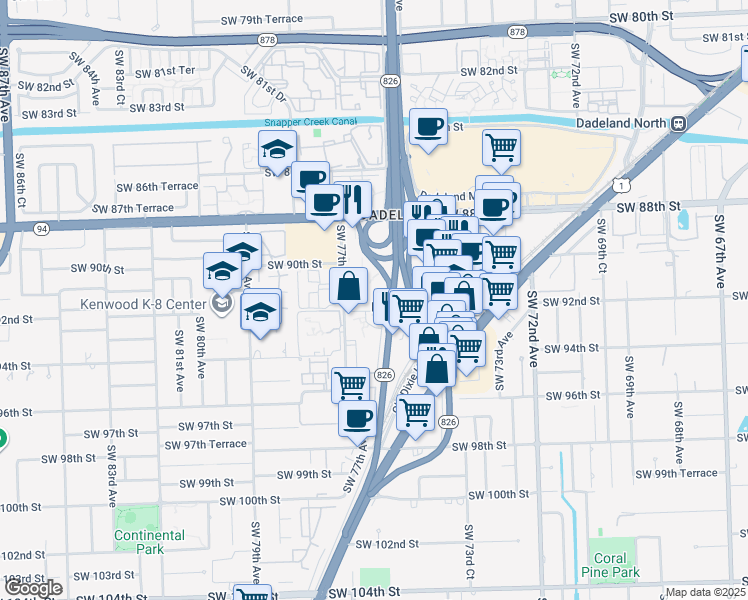 map of restaurants, bars, coffee shops, grocery stores, and more near 9305 Southwest 77th Avenue in Kendall