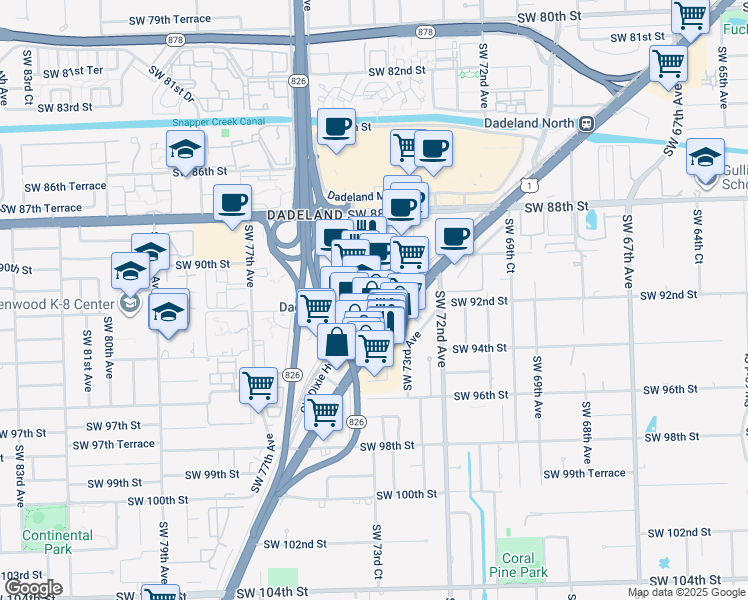 map of restaurants, bars, coffee shops, grocery stores, and more near 9150 South Dadeland Boulevard in Miami
