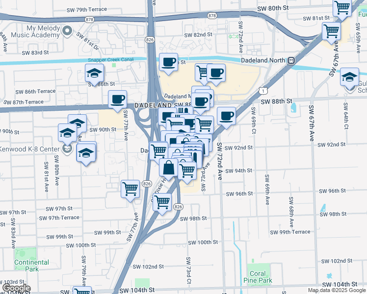 map of restaurants, bars, coffee shops, grocery stores, and more near 9100 South Dadeland Boulevard in Miami