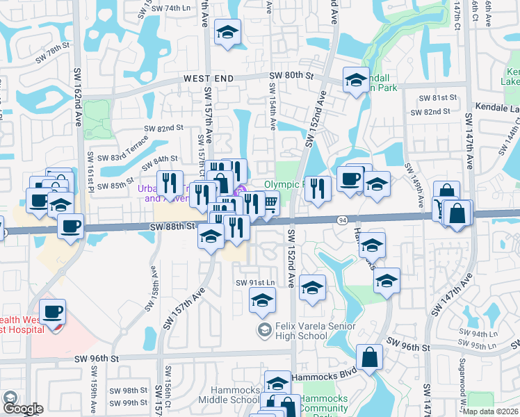 map of restaurants, bars, coffee shops, grocery stores, and more near 8654 Southwest 154th Circle Place in Miami