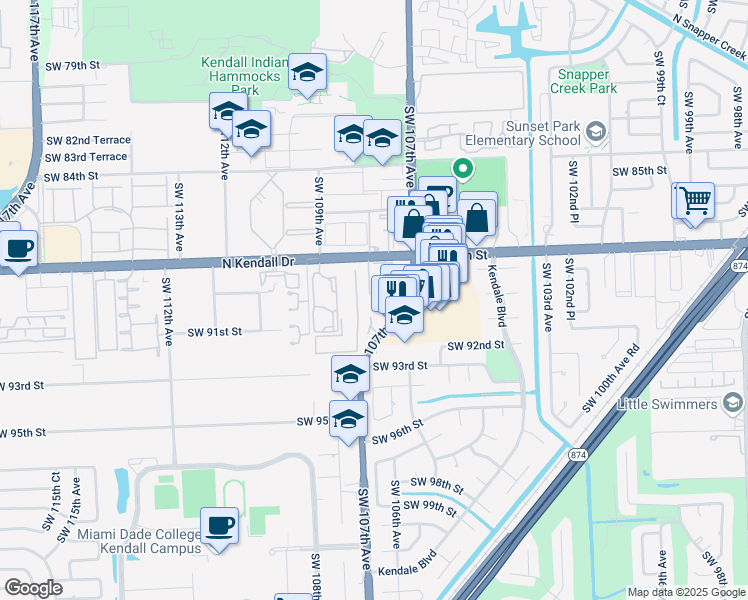 map of restaurants, bars, coffee shops, grocery stores, and more near 10748 North Kendall Drive in Miami