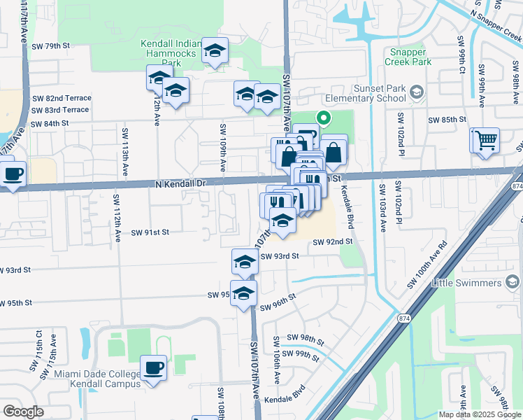 map of restaurants, bars, coffee shops, grocery stores, and more near 10816 North Kendall Drive in Miami