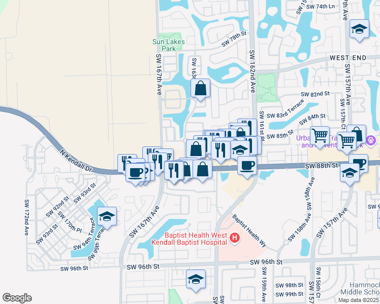 map of restaurants, bars, coffee shops, grocery stores, and more near 16498 Southwest 85th Lane in Miami