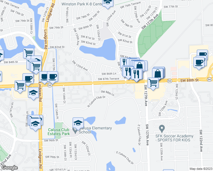 map of restaurants, bars, coffee shops, grocery stores, and more near 13250 Southwest 88th Terrace South in Miami