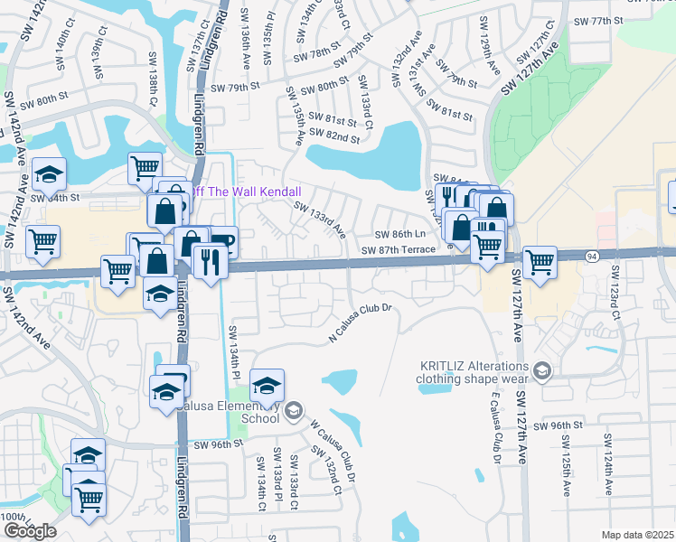 map of restaurants, bars, coffee shops, grocery stores, and more near 13250 Southwest 88th Street in Miami