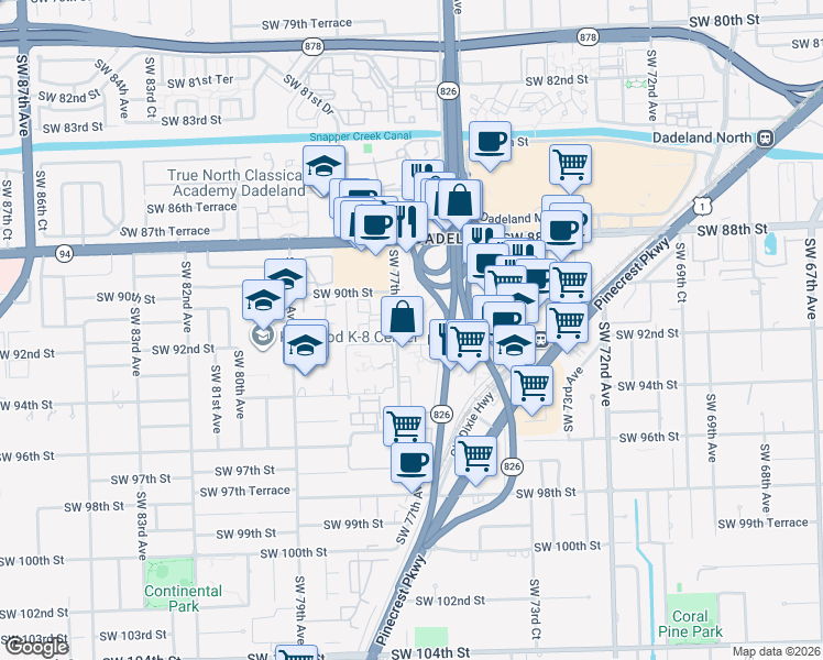 map of restaurants, bars, coffee shops, grocery stores, and more near 9125 Southwest 77th Avenue in Miami