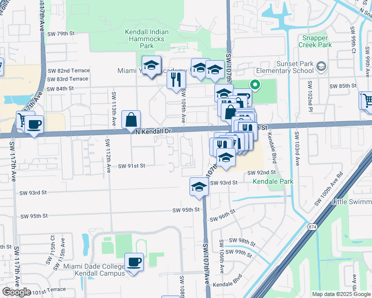 map of restaurants, bars, coffee shops, grocery stores, and more near 8909 Southwest 108th Place in Miami