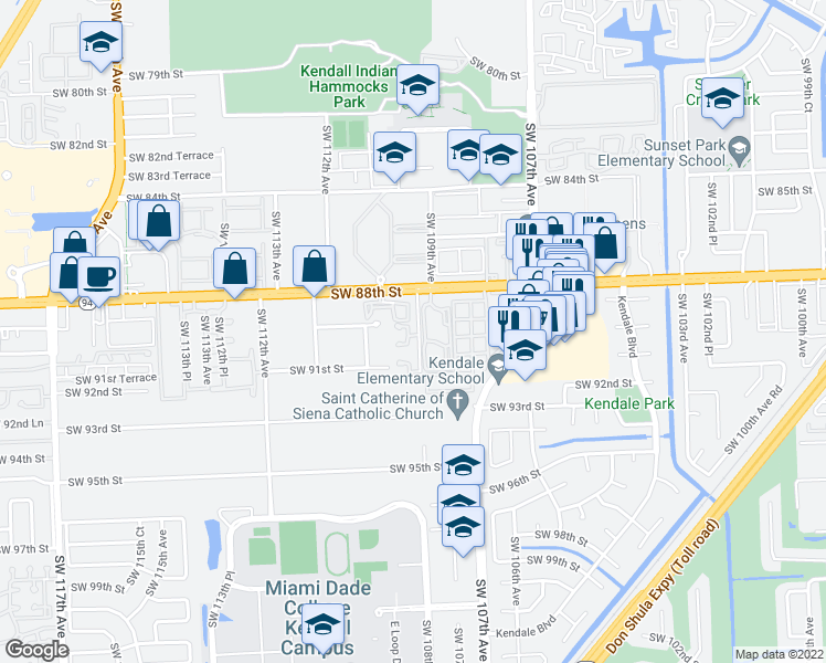 map of restaurants, bars, coffee shops, grocery stores, and more near 8909 Southwest 108th Place in Miami