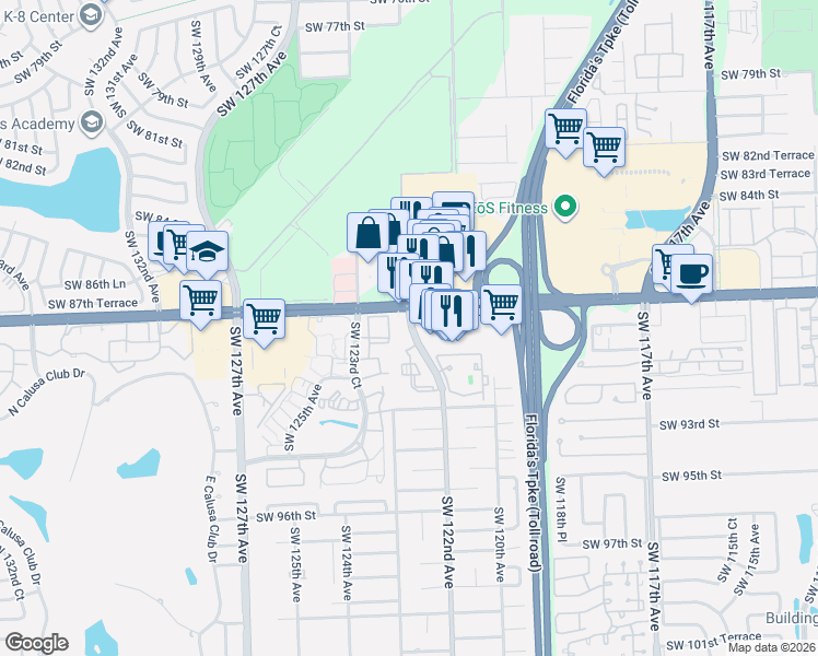 map of restaurants, bars, coffee shops, grocery stores, and more near in Kendale Lakes