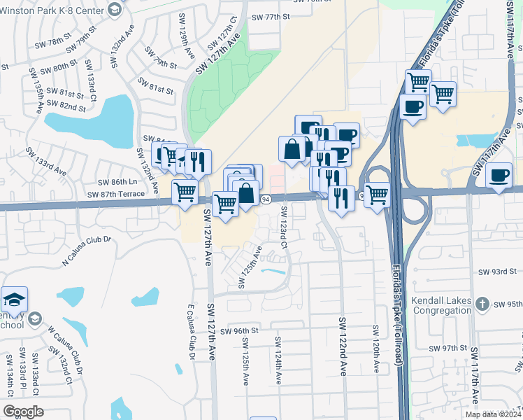 map of restaurants, bars, coffee shops, grocery stores, and more near in Kendale Lakes