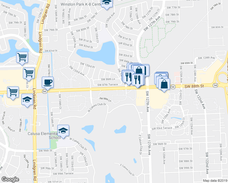 map of restaurants, bars, coffee shops, grocery stores, and more near 13218 Southwest 87th Terrace in Miami