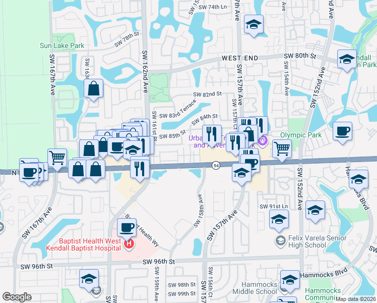 map of restaurants, bars, coffee shops, grocery stores, and more near 8625 Southwest 159th Place in Miami
