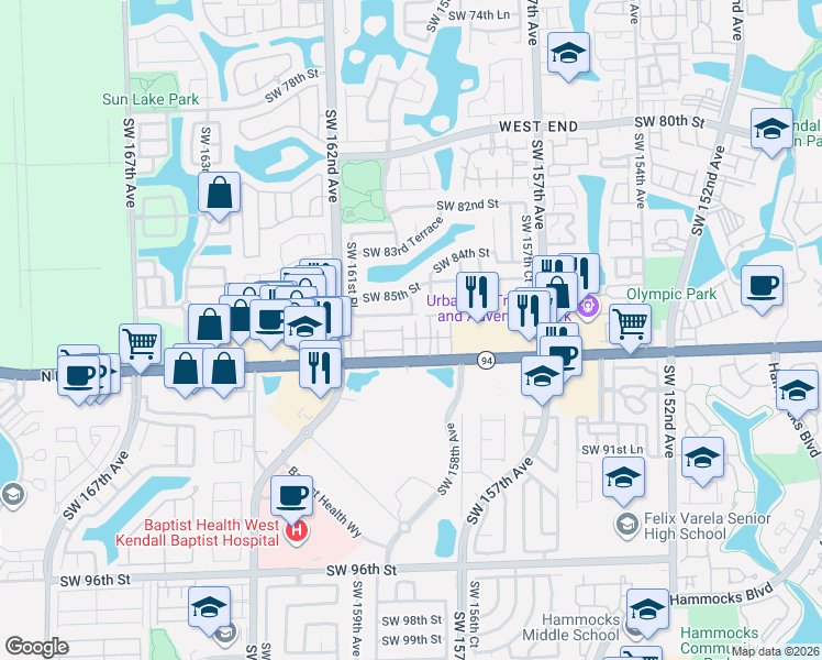 map of restaurants, bars, coffee shops, grocery stores, and more near 8625 Southwest 159th Place in Miami