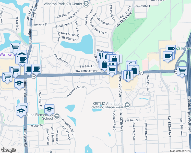 map of restaurants, bars, coffee shops, grocery stores, and more near 13206 Southwest 87th Terrace in Miami