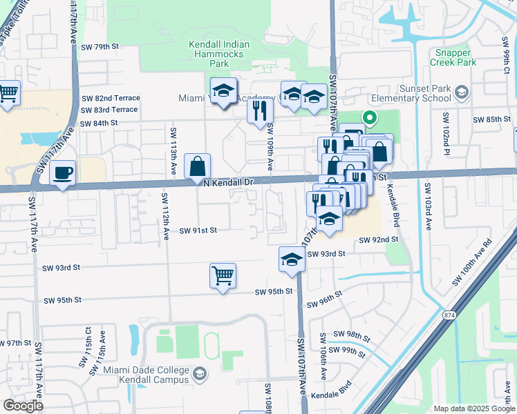 map of restaurants, bars, coffee shops, grocery stores, and more near 8909 Southwest 108th Place in Miami