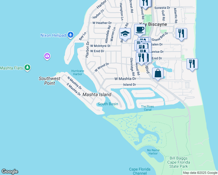 map of restaurants, bars, coffee shops, grocery stores, and more near 401 Island Drive in Key Biscayne