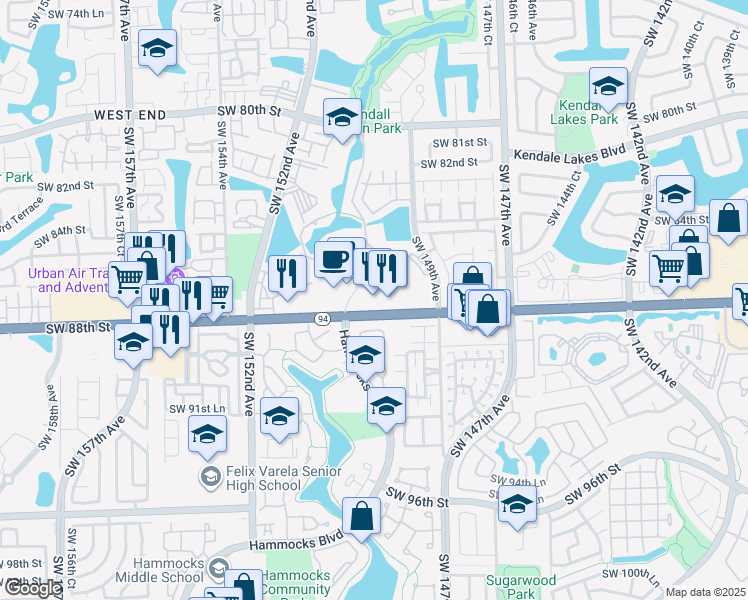 map of restaurants, bars, coffee shops, grocery stores, and more near 14955 Southwest 88th Street in Miami