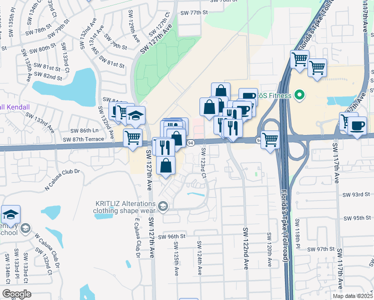 map of restaurants, bars, coffee shops, grocery stores, and more near in Kendale Lakes