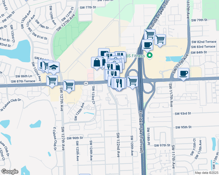 map of restaurants, bars, coffee shops, grocery stores, and more near in Kendale Lakes