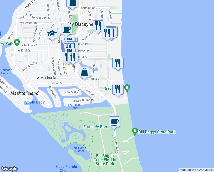 map of restaurants, bars, coffee shops, grocery stores, and more near 292 Sea View Drive in Key Biscayne