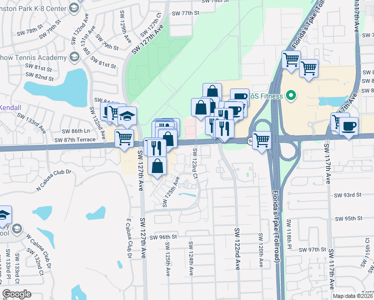 map of restaurants, bars, coffee shops, grocery stores, and more near in Kendale Lakes