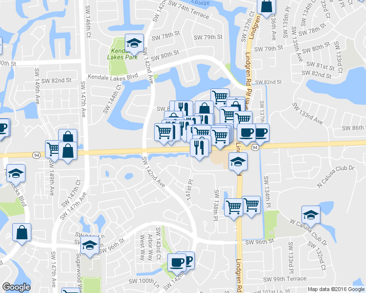 map of restaurants, bars, coffee shops, grocery stores, and more near 13905 North Kendall Drive in Miami